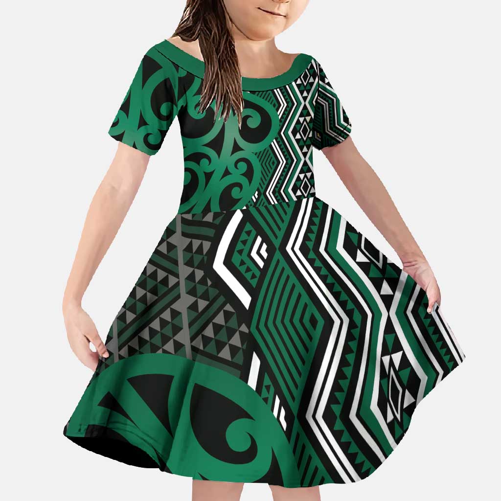 Maori Taniko Patterns Family Matching Long Sleeve Bodycon Dress and Hawaiian Shirt Pounamu Patiki Motifs Mix Whakairo Ngaru LT7 Daughter's Dress Green - Polynesian Pride