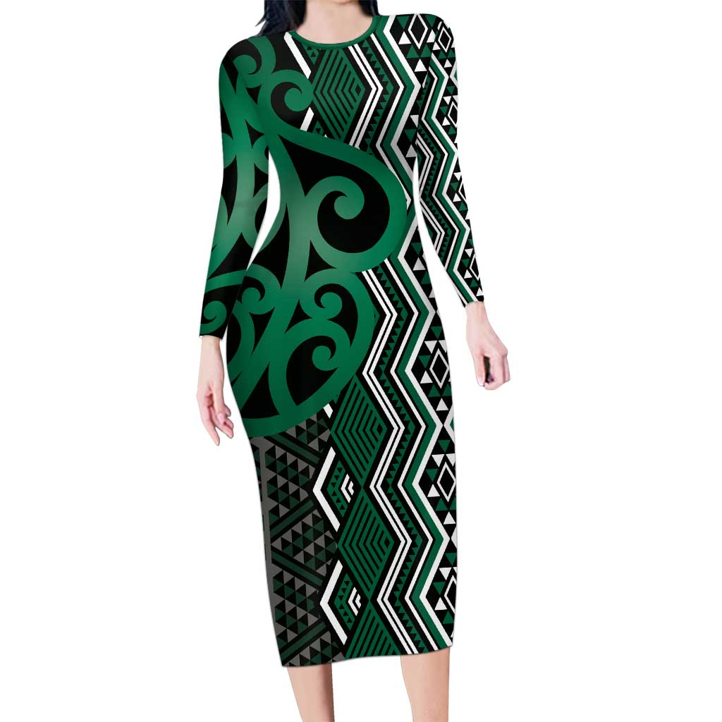 Maori Taniko Patterns Family Matching Long Sleeve Bodycon Dress and Hawaiian Shirt Pounamu Patiki Motifs Mix Whakairo Ngaru LT7 Mom's Dress Green - Polynesian Pride