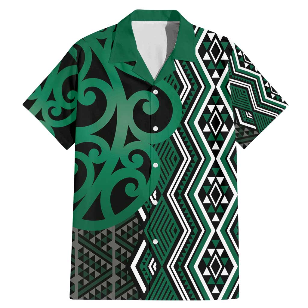 Maori Taniko Patterns Family Matching Mermaid Dress and Hawaiian Shirt Pounamu Patiki Motifs Mix Whakairo Ngaru LT7 Dad's Shirt - Short Sleeve Green - Polynesian Pride