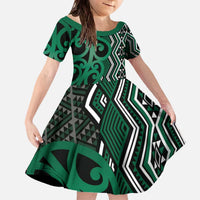 Maori Taniko Patterns Family Matching Off The Shoulder Long Sleeve Dress and Hawaiian Shirt Pounamu Patiki Motifs Mix Whakairo Ngaru LT7 Daughter's Dress Green - Polynesian Pride