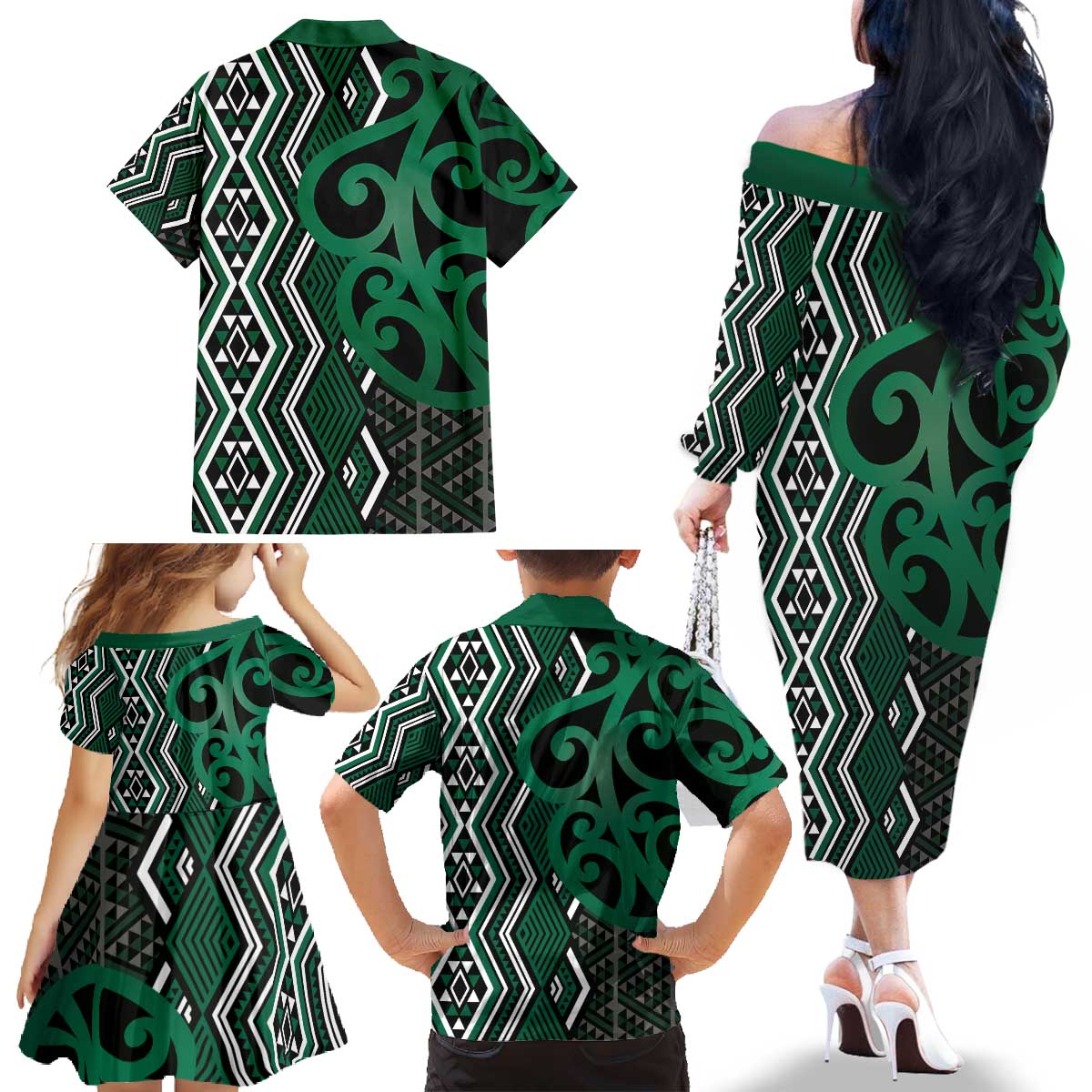 Maori Taniko Patterns Family Matching Off The Shoulder Long Sleeve Dress and Hawaiian Shirt Pounamu Patiki Motifs Mix Whakairo Ngaru LT7 - Polynesian Pride