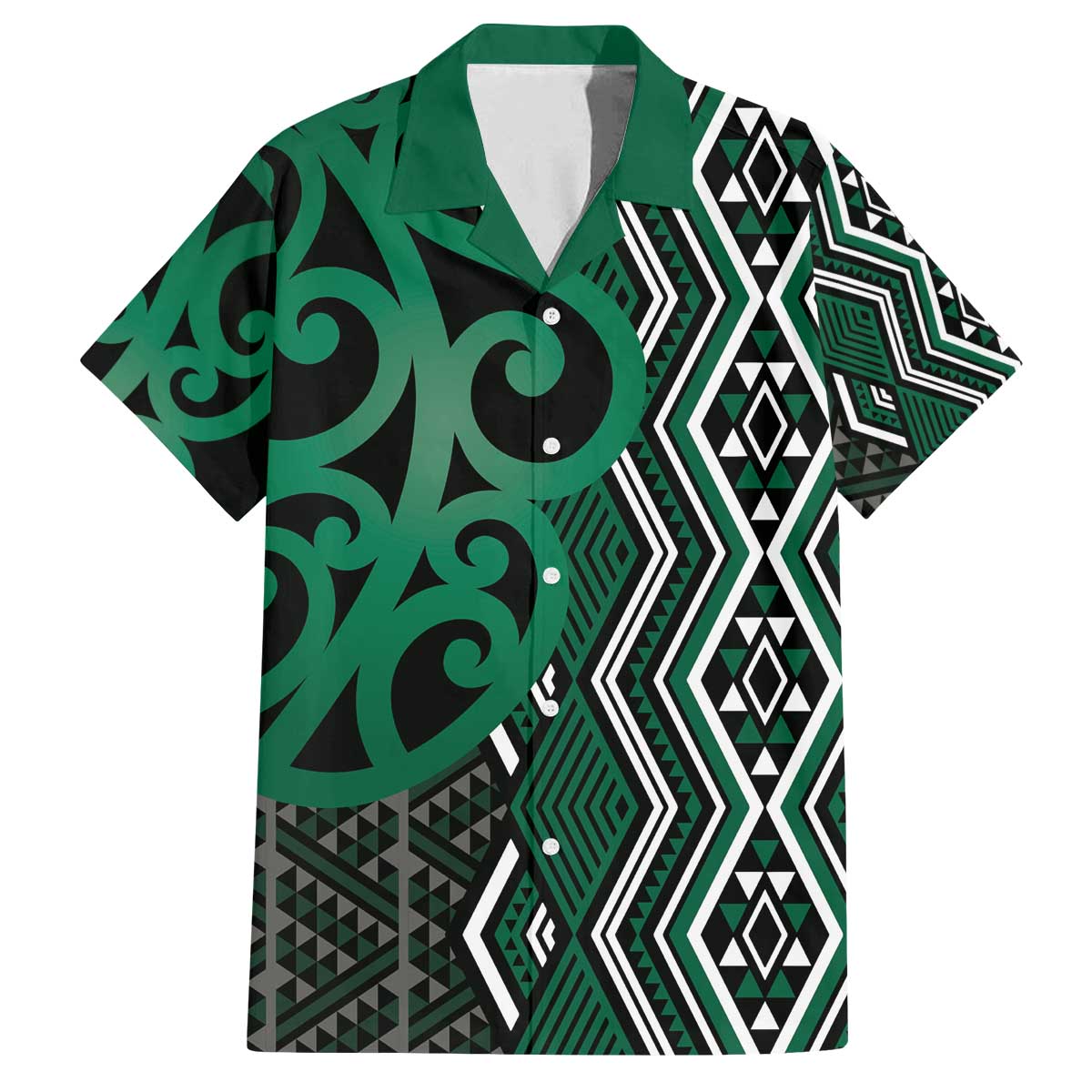 Maori Taniko Patterns Family Matching Off The Shoulder Long Sleeve Dress and Hawaiian Shirt Pounamu Patiki Motifs Mix Whakairo Ngaru LT7 Dad's Shirt - Short Sleeve Green - Polynesian Pride