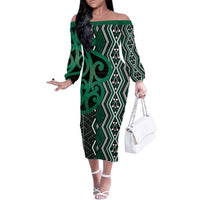 Maori Taniko Patterns Family Matching Off The Shoulder Long Sleeve Dress and Hawaiian Shirt Pounamu Patiki Motifs Mix Whakairo Ngaru LT7 Mom's Dress Green - Polynesian Pride
