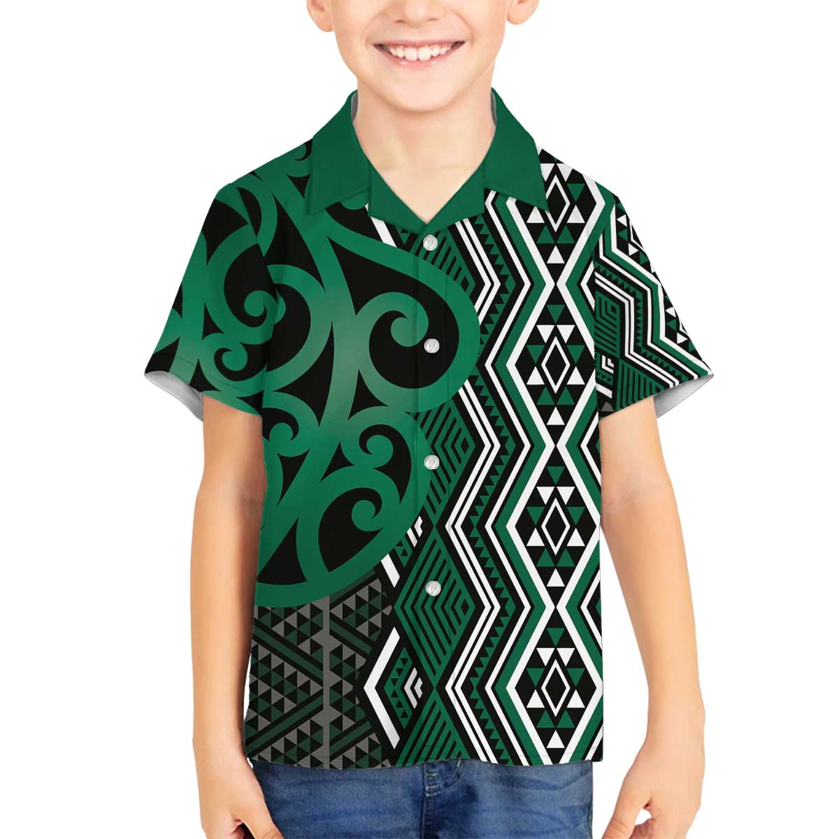 Maori Taniko Patterns Family Matching Off The Shoulder Long Sleeve Dress and Hawaiian Shirt Pounamu Patiki Motifs Mix Whakairo Ngaru LT7 Son's Shirt Green - Polynesian Pride