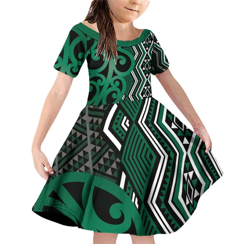 Maori Taniko Patterns Family Matching Off Shoulder Short Dress and Hawaiian Shirt Pounamu Patiki Motifs Mix Whakairo Ngaru LT7 Daughter's Dress Green - Polynesian Pride