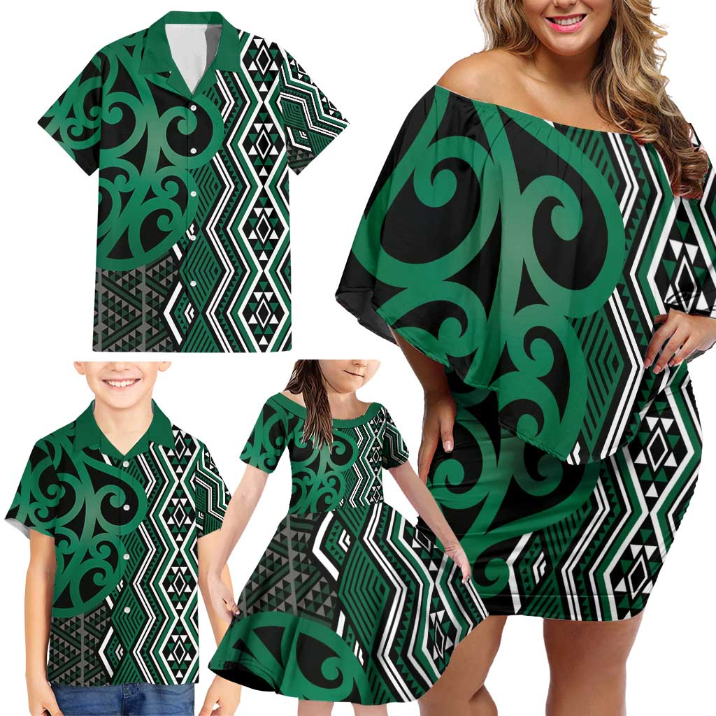 Maori Taniko Patterns Family Matching Off Shoulder Short Dress and Hawaiian Shirt Pounamu Patiki Motifs Mix Whakairo Ngaru LT7 - Polynesian Pride