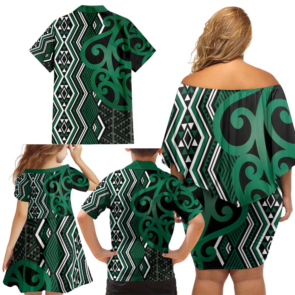 Maori Taniko Patterns Family Matching Off Shoulder Short Dress and Hawaiian Shirt Pounamu Patiki Motifs Mix Whakairo Ngaru LT7 - Polynesian Pride