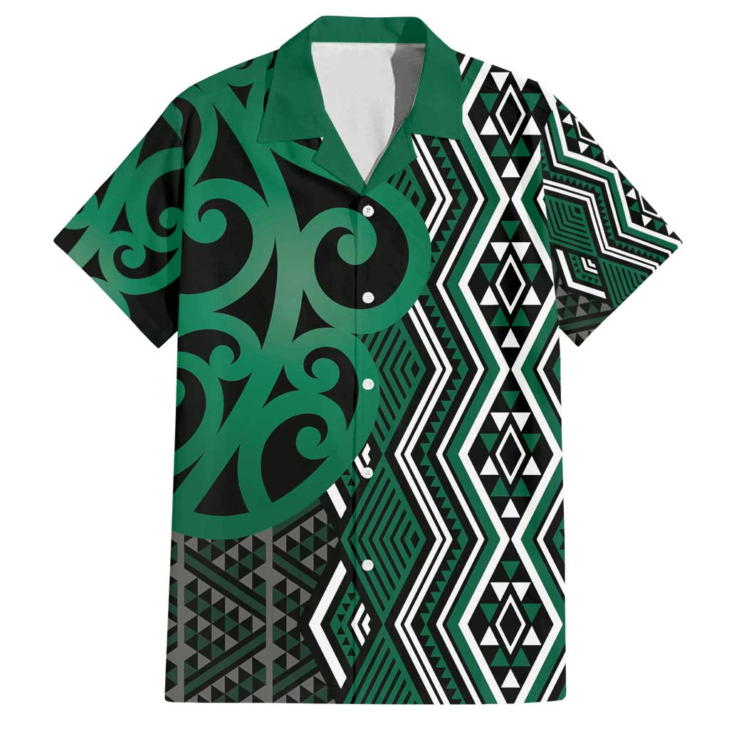 Maori Taniko Patterns Family Matching Off Shoulder Short Dress and Hawaiian Shirt Pounamu Patiki Motifs Mix Whakairo Ngaru LT7 Dad's Shirt - Short Sleeve Green - Polynesian Pride