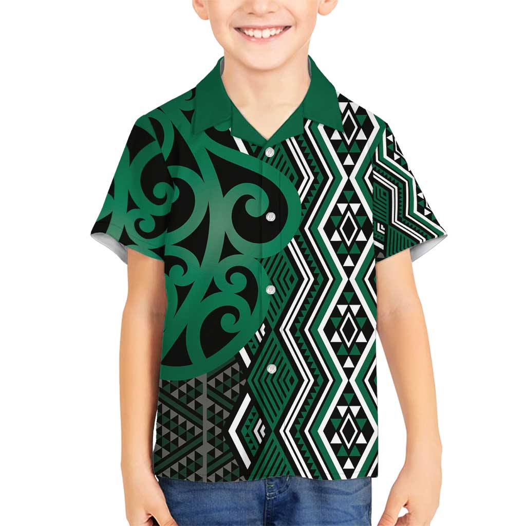 Maori Taniko Patterns Family Matching Off Shoulder Short Dress and Hawaiian Shirt Pounamu Patiki Motifs Mix Whakairo Ngaru LT7 Son's Shirt Green - Polynesian Pride