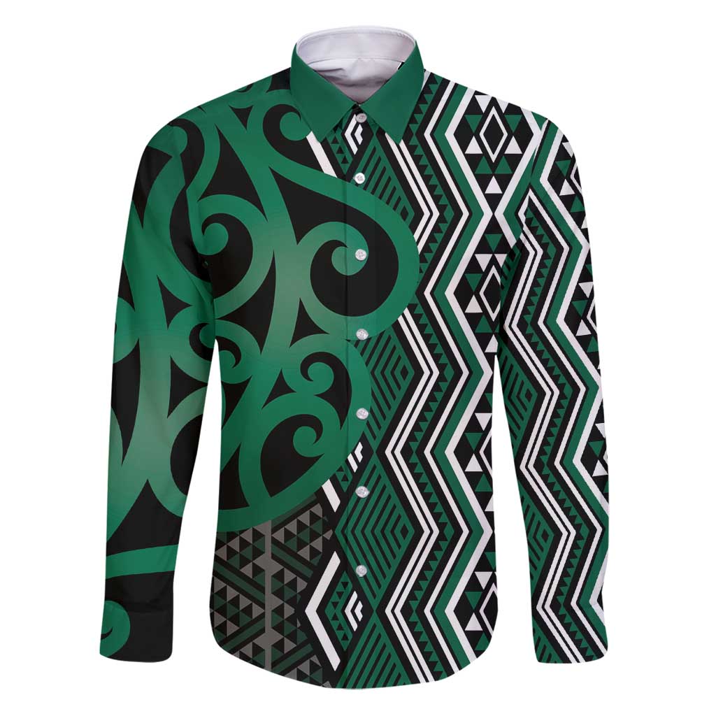 Maori Taniko Patterns Family Matching Puletasi and Hawaiian Shirt Pounamu Patiki Motifs Mix Whakairo Ngaru LT7 Dad's Shirt - Long Sleeve Green - Polynesian Pride