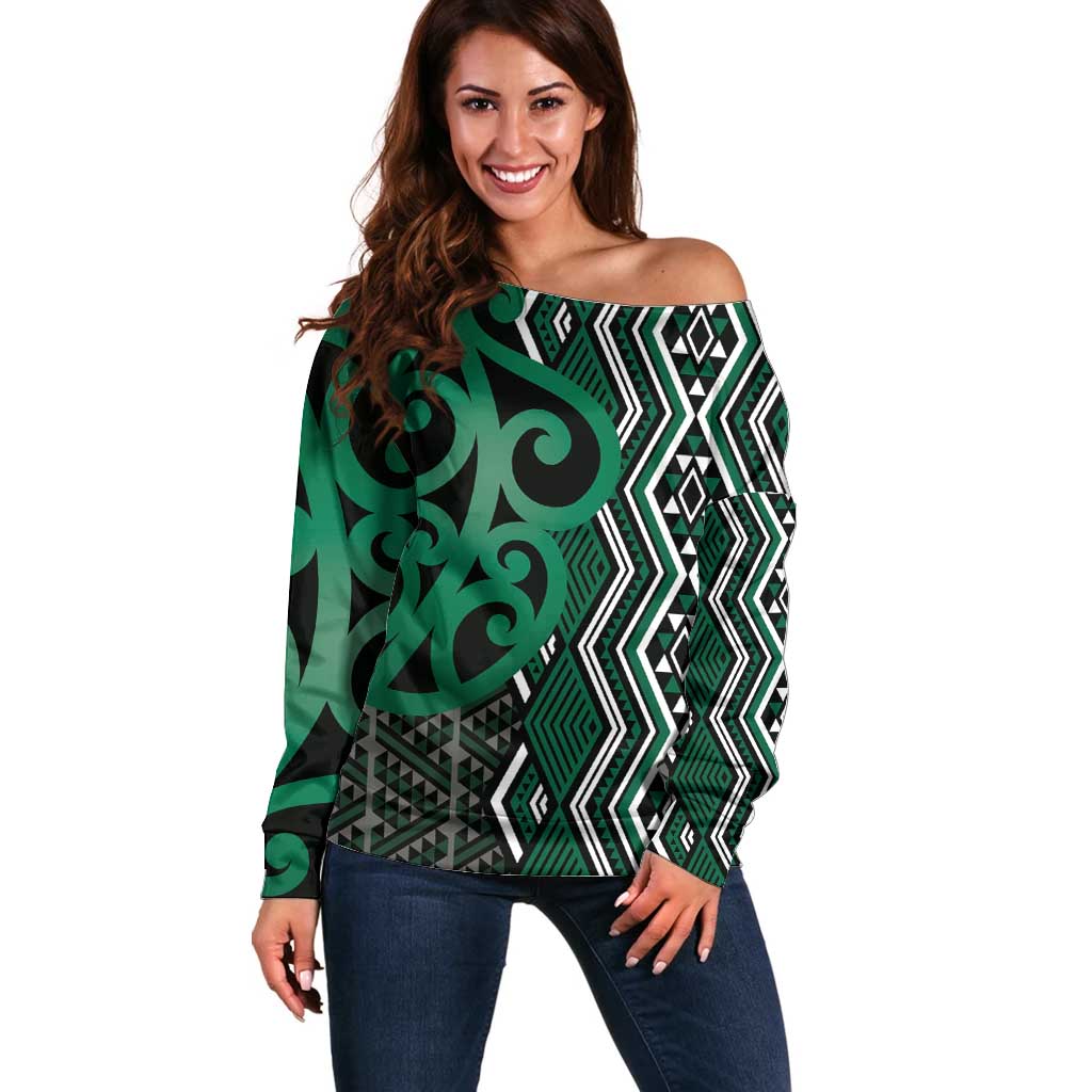 Maori Taniko Patterns Off Shoulder Sweater Pounamu Patiki Motifs Mix Whakairo Ngaru LT7 Women Green - Polynesian Pride