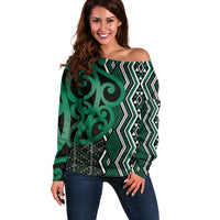 Maori Taniko Patterns Off Shoulder Sweater Pounamu Patiki Motifs Mix Whakairo Ngaru LT7 Women Green - Polynesian Pride