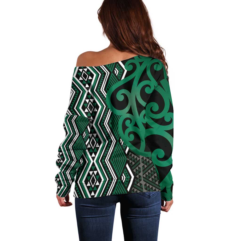 Maori Taniko Patterns Off Shoulder Sweater Pounamu Patiki Motifs Mix Whakairo Ngaru LT7 - Polynesian Pride