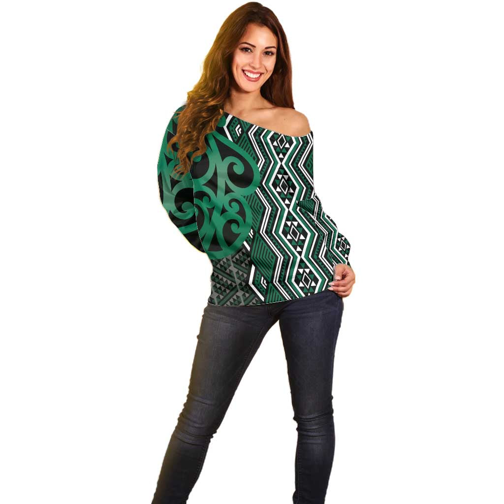 Maori Taniko Patterns Off Shoulder Sweater Pounamu Patiki Motifs Mix Whakairo Ngaru LT7 - Polynesian Pride