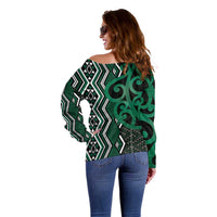 Maori Taniko Patterns Off Shoulder Sweater Pounamu Patiki Motifs Mix Whakairo Ngaru LT7 - Polynesian Pride