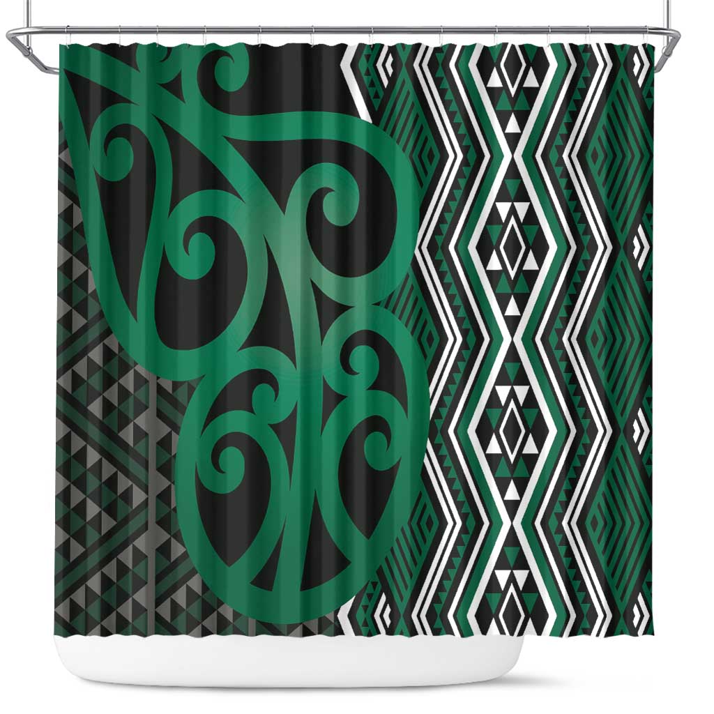 Maori Taniko Patterns Shower Curtain Pounamu Patiki Motifs Mix Whakairo Ngaru LT7 Green - Polynesian Pride