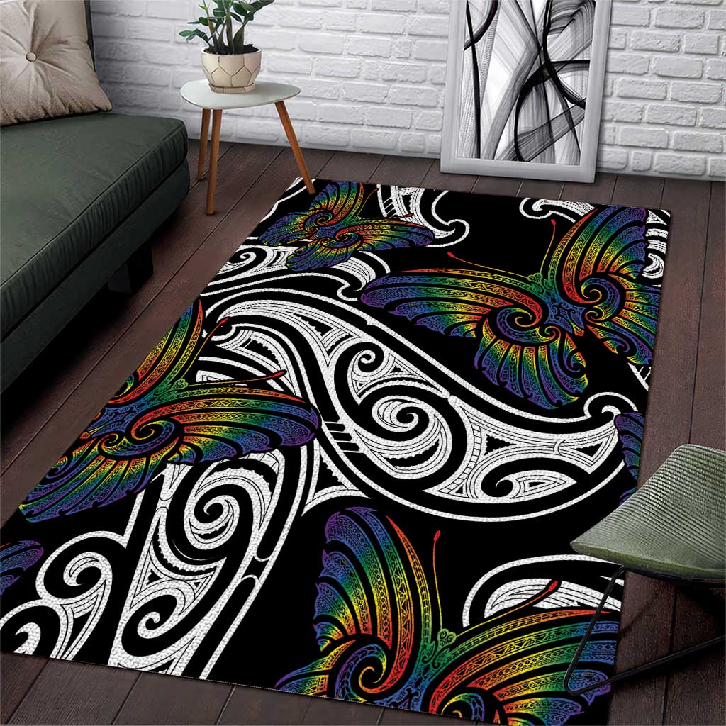Aotearoa Takatapui Pride Area Rug Rainbow Butterfly - Free To Love LT7 Black - Polynesian Pride