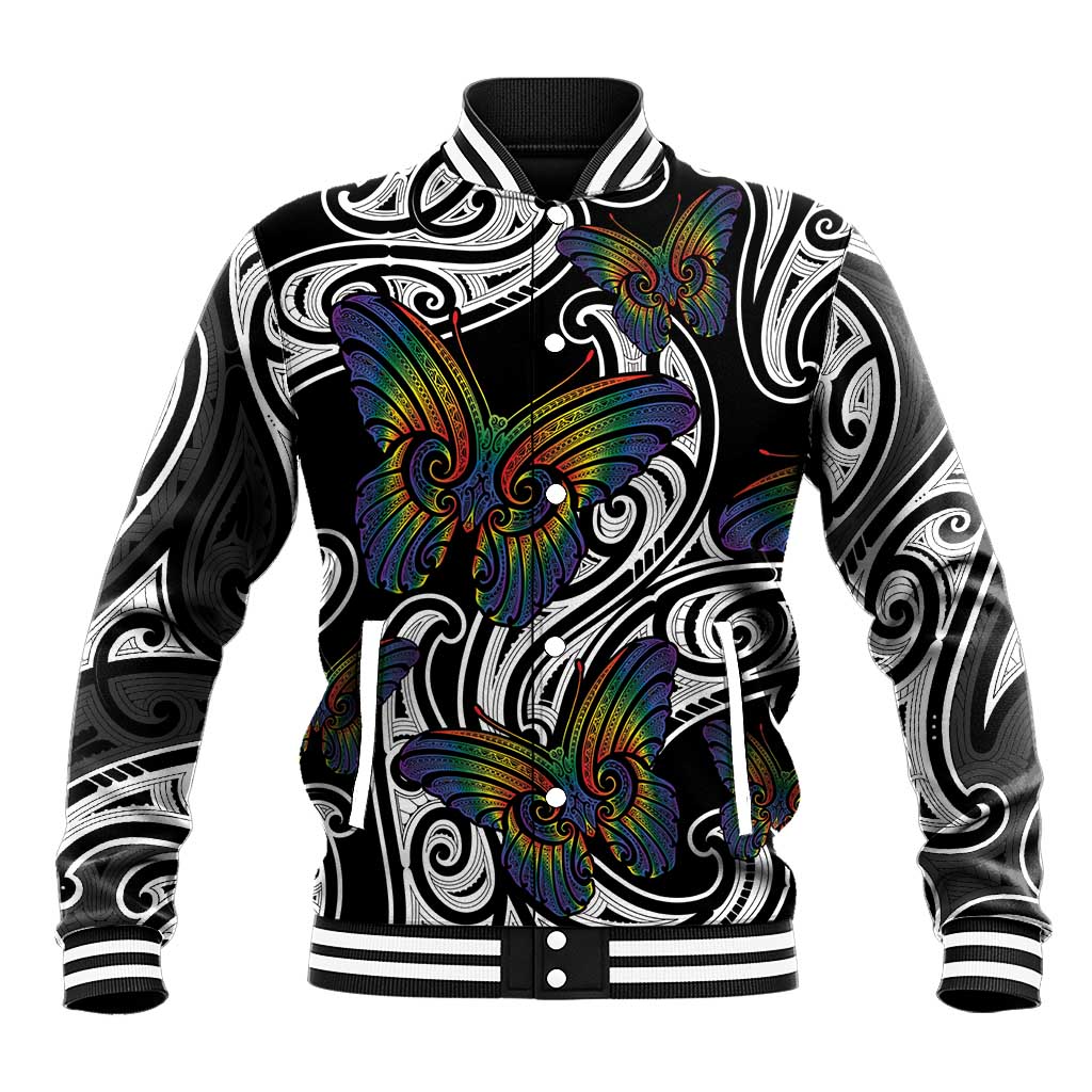 Aotearoa Takatapui Pride Baseball Jacket Rainbow Butterfly - Free To Love
