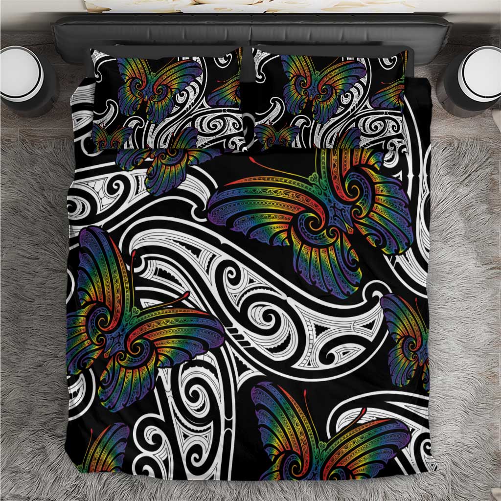 Aotearoa Takatapui Pride Bedding Set Rainbow Butterfly - Free To Love LT7 Black - Polynesian Pride