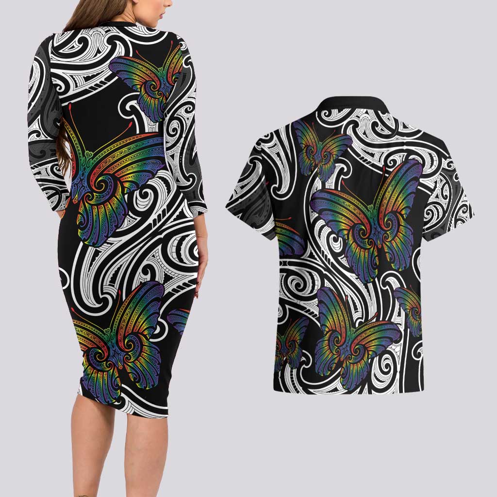 Aotearoa Takatapui Pride Couples Matching Long Sleeve Bodycon Dress and Hawaiian Shirt Rainbow Butterfly - Free To Love LT7 - Polynesian Pride