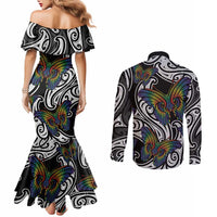 Aotearoa Takatapui Pride Couples Matching Mermaid Dress and Long Sleeve Button Shirt Rainbow Butterfly - Free To Love