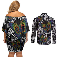 Aotearoa Takatapui Pride Couples Matching Off Shoulder Short Dress and Long Sleeve Button Shirt Rainbow Butterfly - Free To Love