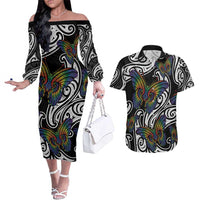 Aotearoa Takatapui Pride Couples Matching Off The Shoulder Long Sleeve Dress and Hawaiian Shirt Rainbow Butterfly - Free To Love LT7 Black - Polynesian Pride