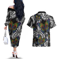 Aotearoa Takatapui Pride Couples Matching Off The Shoulder Long Sleeve Dress and Hawaiian Shirt Rainbow Butterfly - Free To Love LT7 - Polynesian Pride