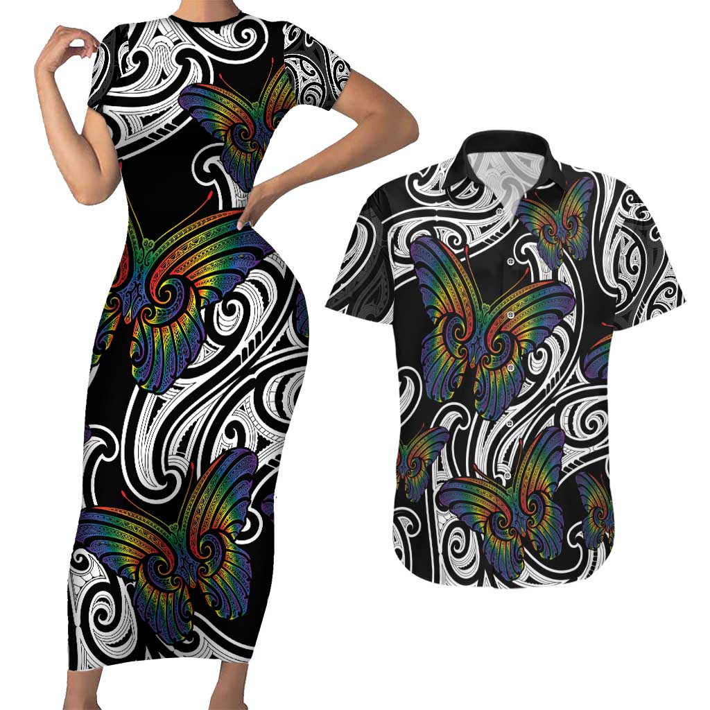 Aotearoa Takatapui Pride Couples Matching Short Sleeve Bodycon Dress and Hawaiian Shirt Rainbow Butterfly - Free To Love LT7 Black - Polynesian Pride