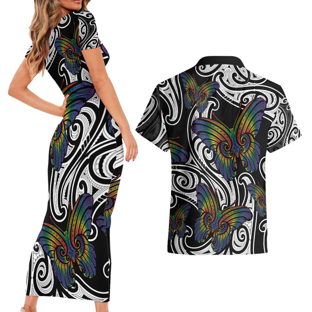 Aotearoa Takatapui Pride Couples Matching Short Sleeve Bodycon Dress and Hawaiian Shirt Rainbow Butterfly - Free To Love LT7 - Polynesian Pride