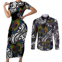 Aotearoa Takatapui Pride Couples Matching Short Sleeve Bodycon Dress and Long Sleeve Button Shirt Rainbow Butterfly - Free To Love
