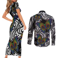 Aotearoa Takatapui Pride Couples Matching Short Sleeve Bodycon Dress and Long Sleeve Button Shirt Rainbow Butterfly - Free To Love