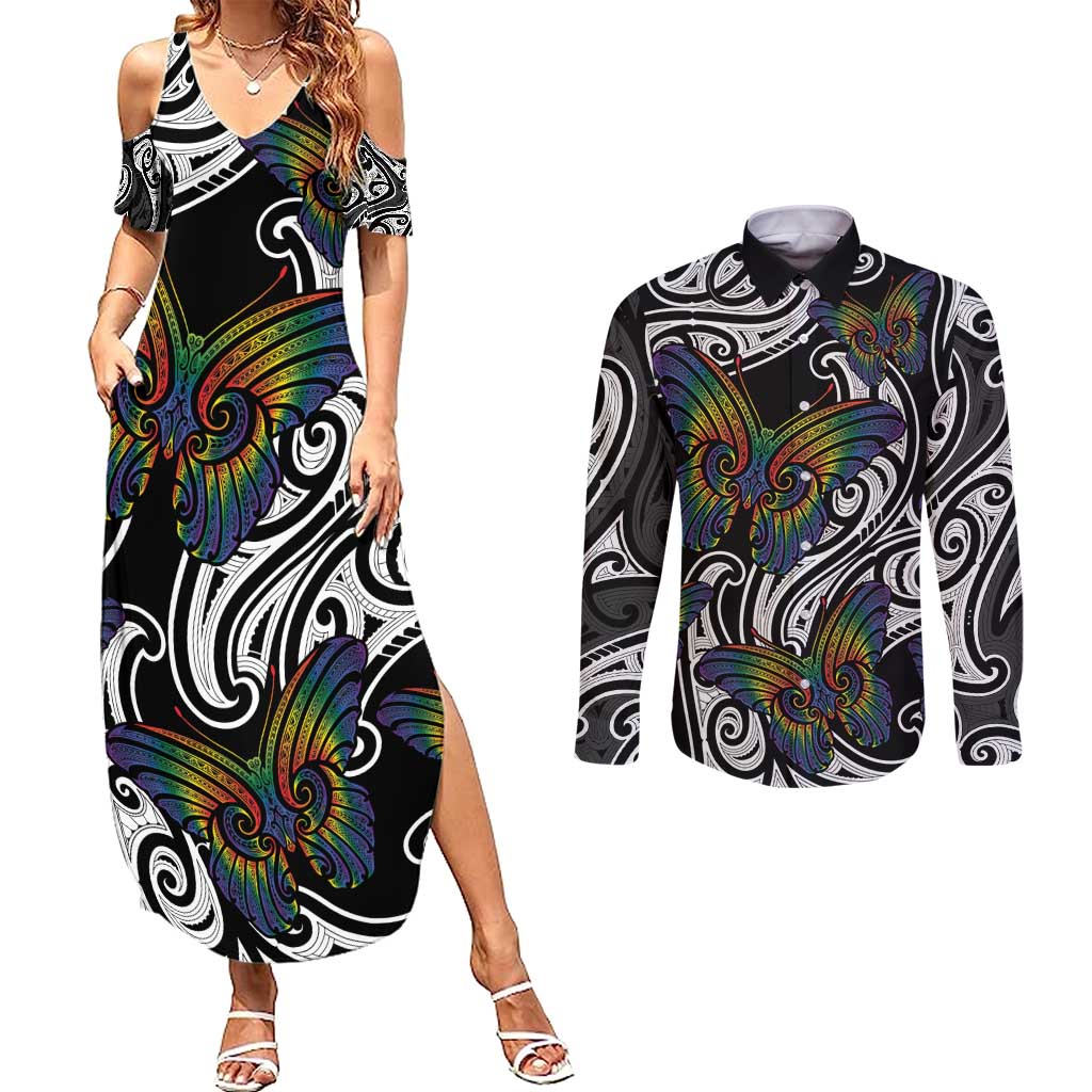 Aotearoa Takatapui Pride Couples Matching Summer Maxi Dress and Long Sleeve Button Shirt Rainbow Butterfly - Free To Love