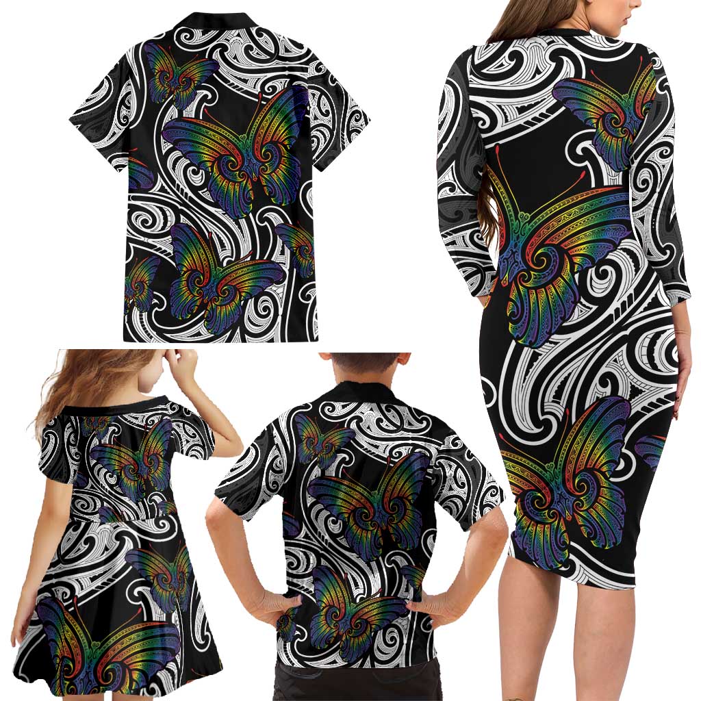 Aotearoa Takatapui Pride Family Matching Long Sleeve Bodycon Dress and Hawaiian Shirt Rainbow Butterfly - Free To Love LT7 - Polynesian Pride