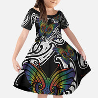 Aotearoa Takatapui Pride Family Matching Mermaid Dress and Hawaiian Shirt Rainbow Butterfly - Free To Love LT7 Daughter's Dress Black - Polynesian Pride