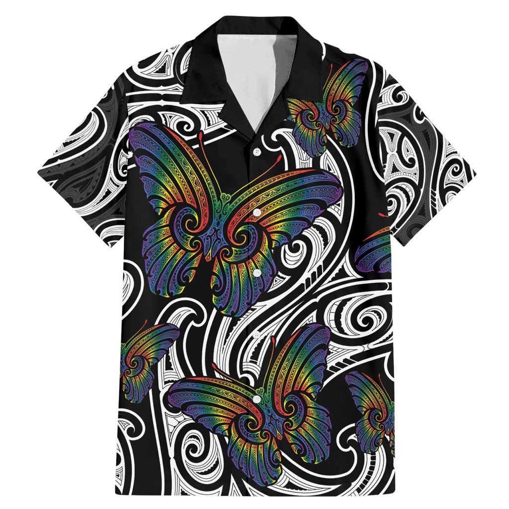 Aotearoa Takatapui Pride Family Matching Mermaid Dress and Hawaiian Shirt Rainbow Butterfly - Free To Love LT7 Dad's Shirt - Short Sleeve Black - Polynesian Pride