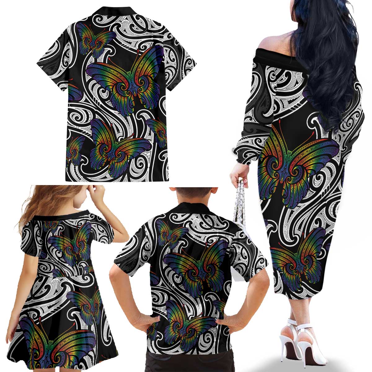 Aotearoa Takatapui Pride Family Matching Off The Shoulder Long Sleeve Dress and Hawaiian Shirt Rainbow Butterfly - Free To Love LT7 - Polynesian Pride