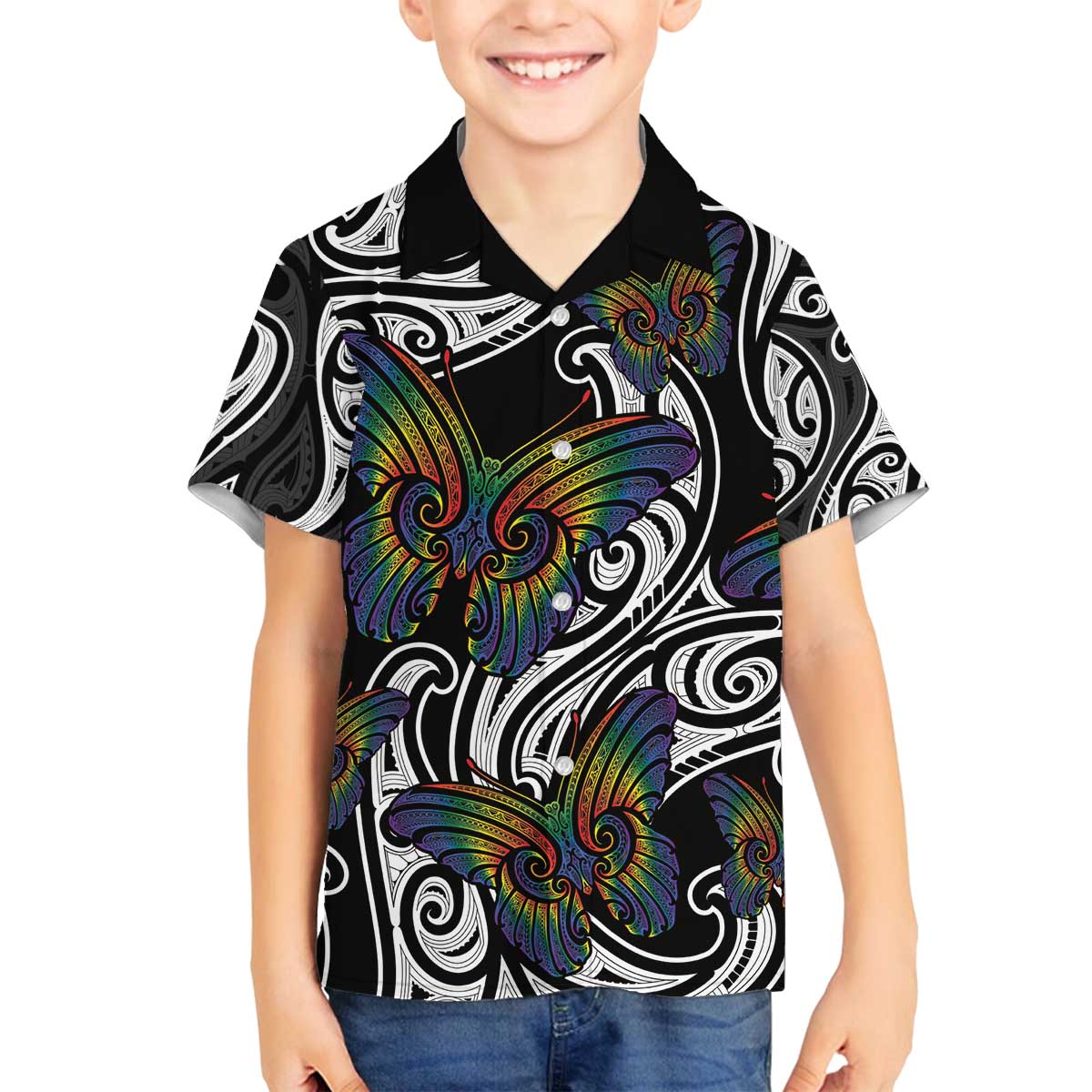 Aotearoa Takatapui Pride Family Matching Off The Shoulder Long Sleeve Dress and Hawaiian Shirt Rainbow Butterfly - Free To Love LT7 Son's Shirt Black - Polynesian Pride
