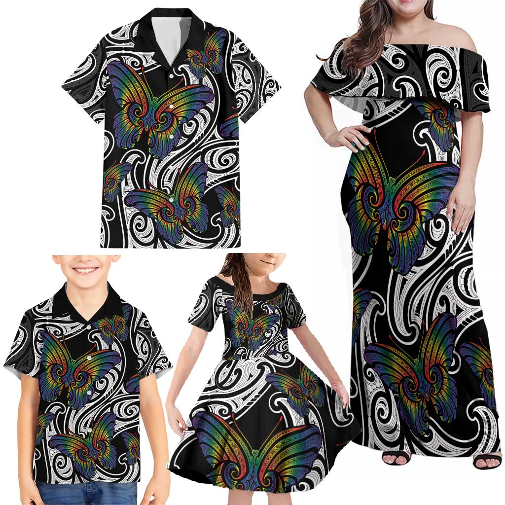 Aotearoa Takatapui Pride Family Matching Off Shoulder Maxi Dress and Hawaiian Shirt Rainbow Butterfly - Free To Love LT7 - Polynesian Pride