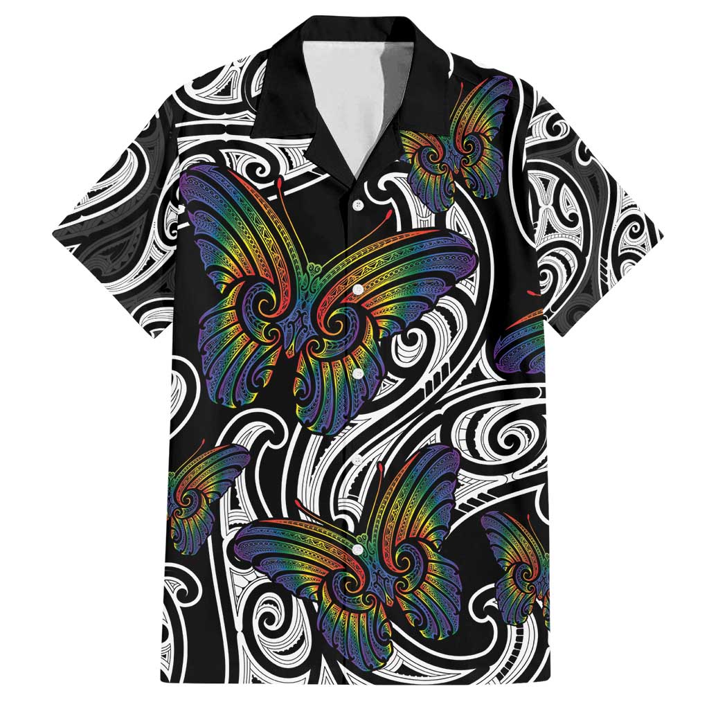 Aotearoa Takatapui Pride Family Matching Off Shoulder Maxi Dress and Hawaiian Shirt Rainbow Butterfly - Free To Love LT7 Dad's Shirt - Short Sleeve Black - Polynesian Pride
