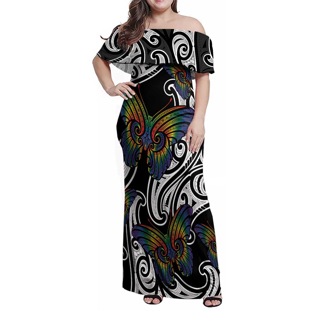 Aotearoa Takatapui Pride Family Matching Off Shoulder Maxi Dress and Hawaiian Shirt Rainbow Butterfly - Free To Love LT7 Mom's Dress Black - Polynesian Pride