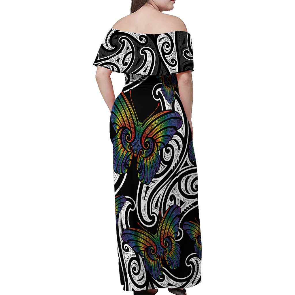 Aotearoa Takatapui Pride Family Matching Off Shoulder Maxi Dress and Hawaiian Shirt Rainbow Butterfly - Free To Love LT7 - Polynesian Pride