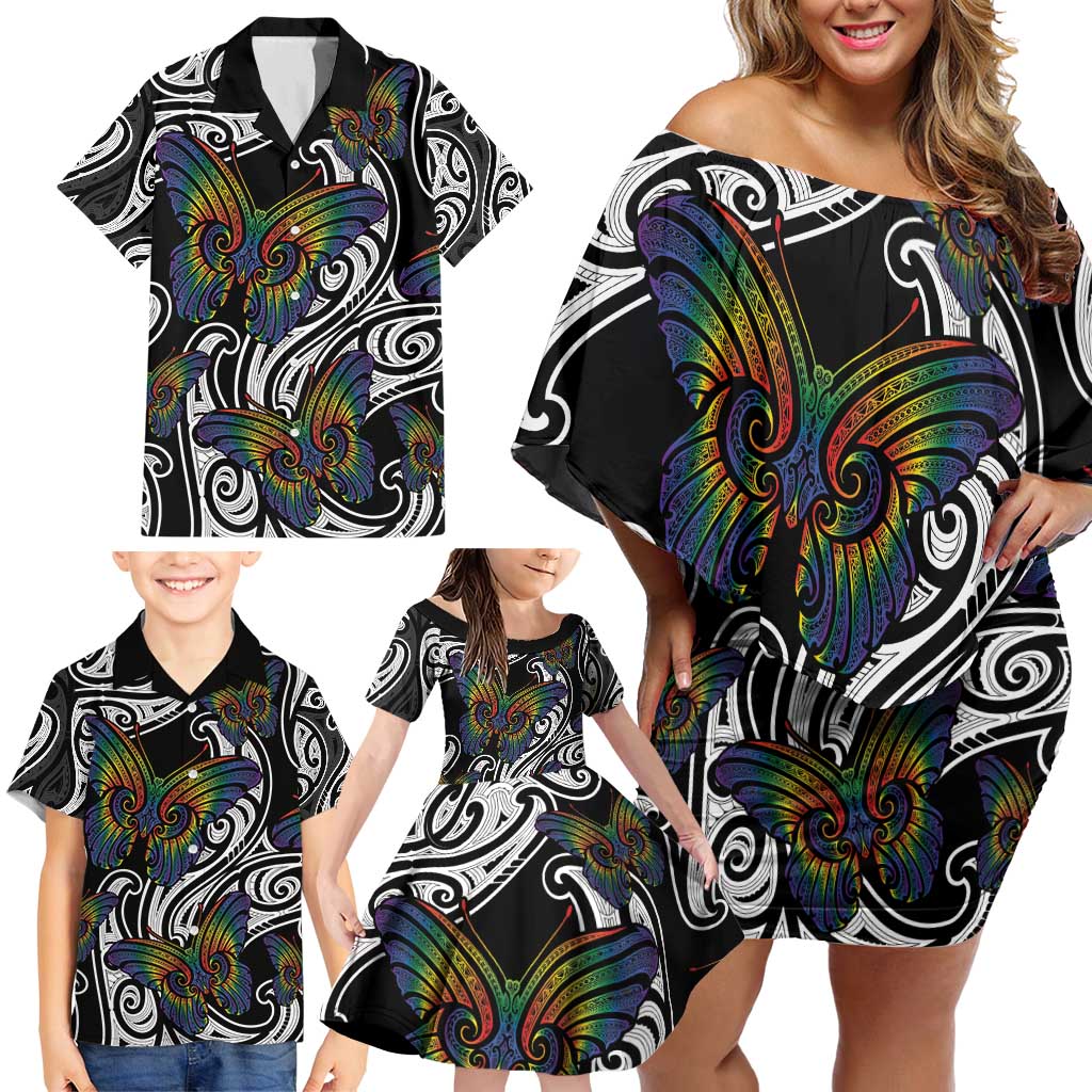 Aotearoa Takatapui Pride Family Matching Off Shoulder Short Dress and Hawaiian Shirt Rainbow Butterfly - Free To Love LT7 - Polynesian Pride