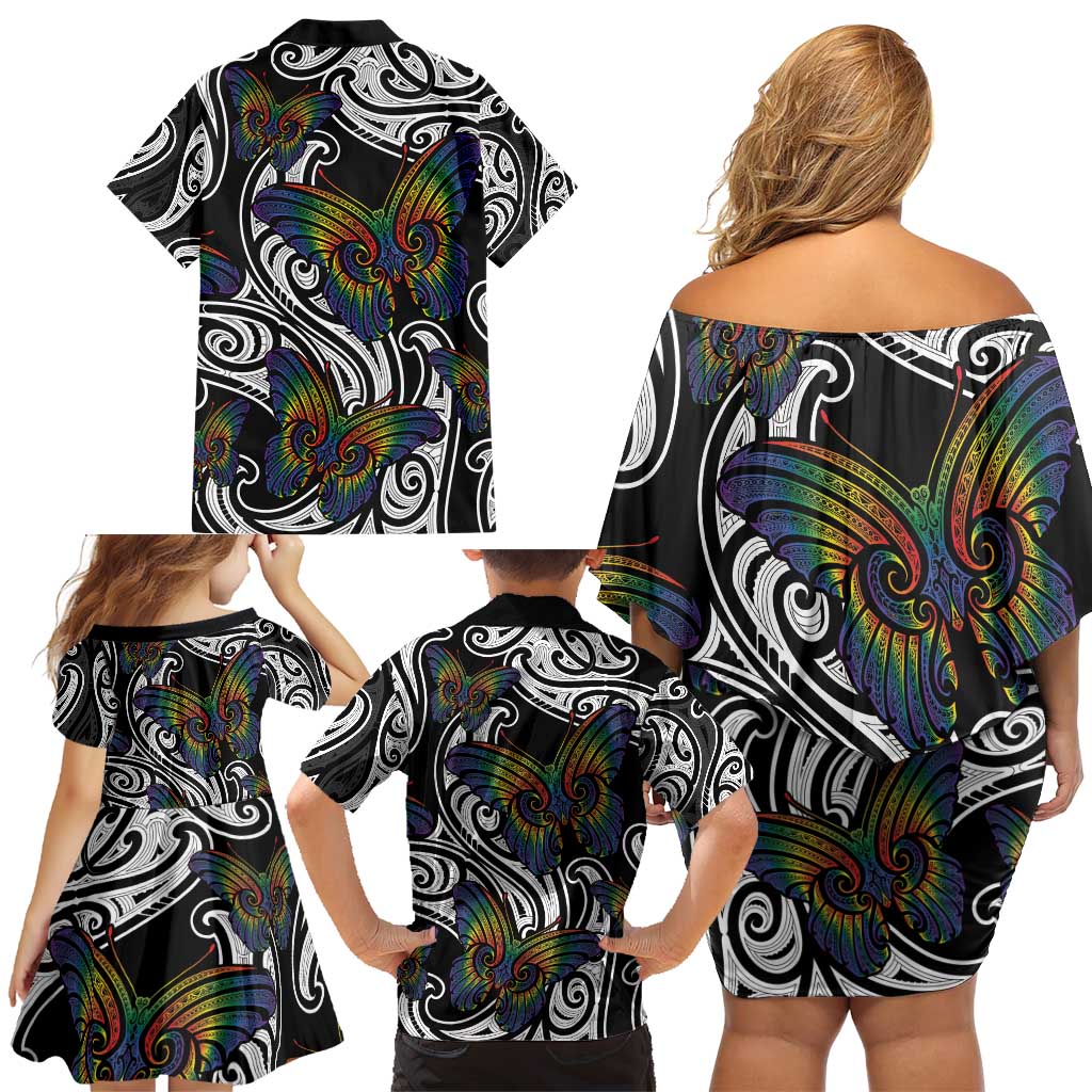 Aotearoa Takatapui Pride Family Matching Off Shoulder Short Dress and Hawaiian Shirt Rainbow Butterfly - Free To Love LT7 - Polynesian Pride