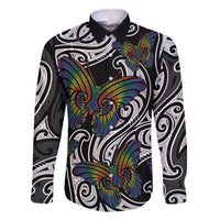 Aotearoa Takatapui Pride Family Matching Off Shoulder Short Dress and Hawaiian Shirt Rainbow Butterfly - Free To Love LT7 Dad's Shirt - Long Sleeve Black - Polynesian Pride