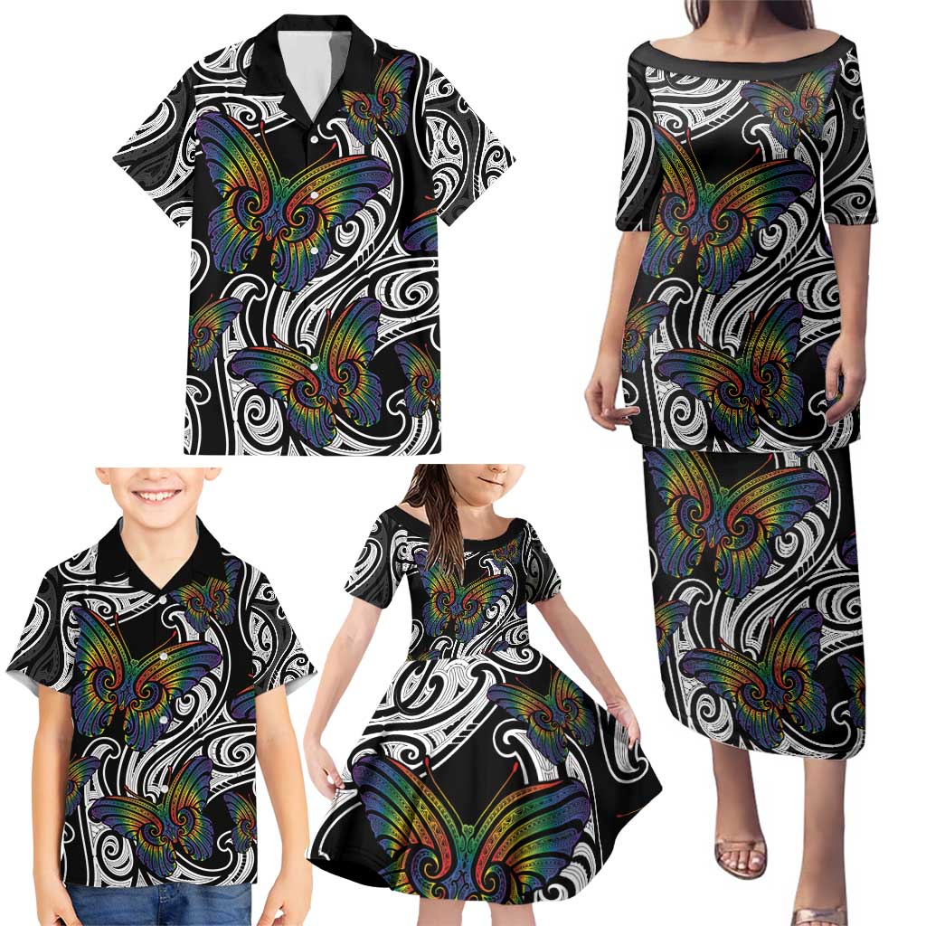 Aotearoa Takatapui Pride Family Matching Puletasi and Hawaiian Shirt Rainbow Butterfly - Free To Love LT7 - Polynesian Pride