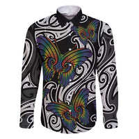 Aotearoa Takatapui Pride Family Matching Puletasi and Hawaiian Shirt Rainbow Butterfly - Free To Love LT7 Dad's Shirt - Long Sleeve Black - Polynesian Pride