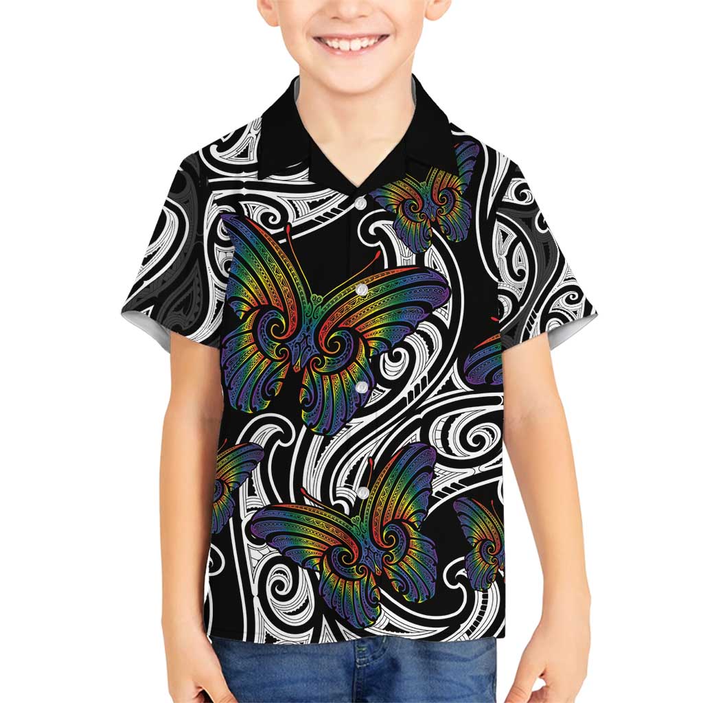 Aotearoa Takatapui Pride Family Matching Puletasi and Hawaiian Shirt Rainbow Butterfly - Free To Love LT7 Son's Shirt Black - Polynesian Pride
