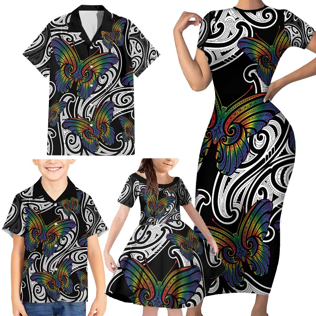 Aotearoa Takatapui Pride Family Matching Short Sleeve Bodycon Dress and Hawaiian Shirt Rainbow Butterfly - Free To Love LT7 - Polynesian Pride