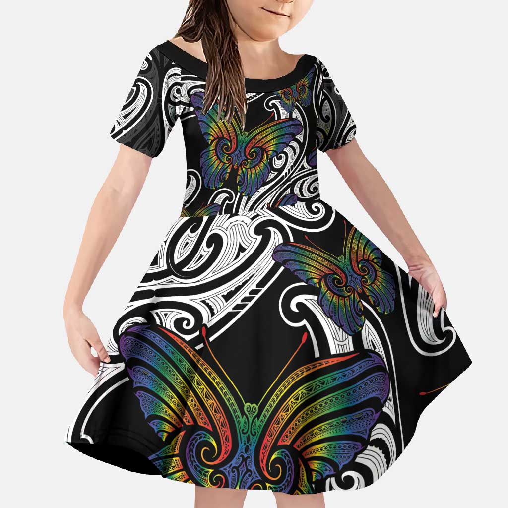 Aotearoa Takatapui Pride Family Matching Summer Maxi Dress and Hawaiian Shirt Rainbow Butterfly - Free To Love LT7 Daughter's Dress Black - Polynesian Pride